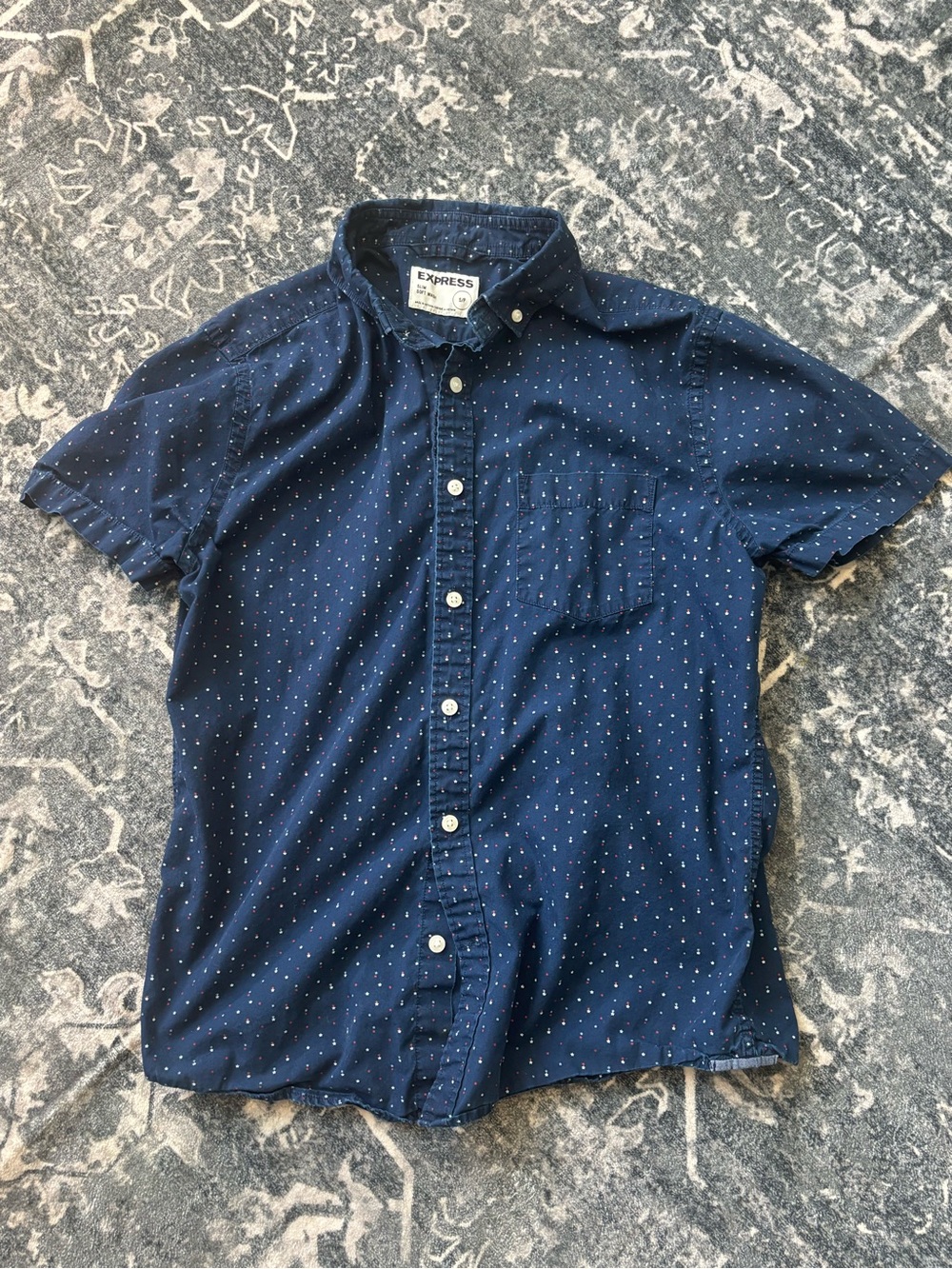 Express Men's Navy Short-Sleeve Button-Down Shirt with White Dot Print